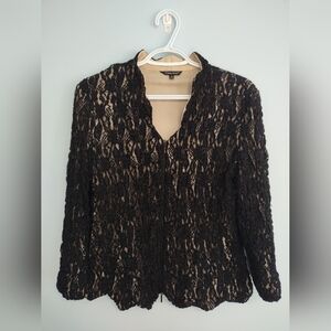 Samuel Dong Women's Zip Up Jacket Top Textured Black/Cream Medium